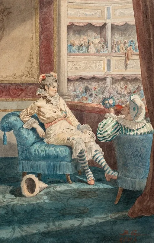 Two Figures Dressed For Carnival At A Theatre Wall Art by Belisario Gioja - High-Resolution Digital Print
