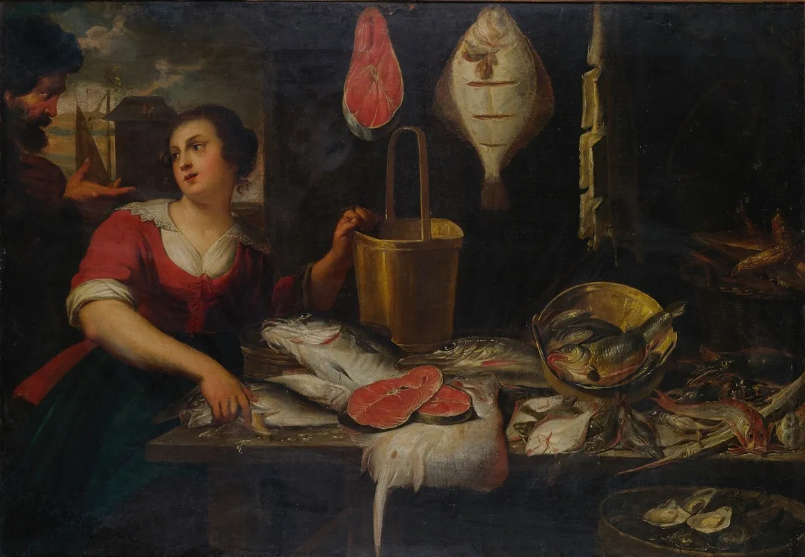 Two Figures In A Kitchen Interior With A Fish Still Life Wall Art by Flemish School - High-Resolution Digital Print