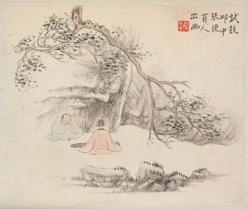 Two Figures Outside One Listens While The Other Plays The Qin Wall Art by Hua Yan - High-Resolution Digital Print