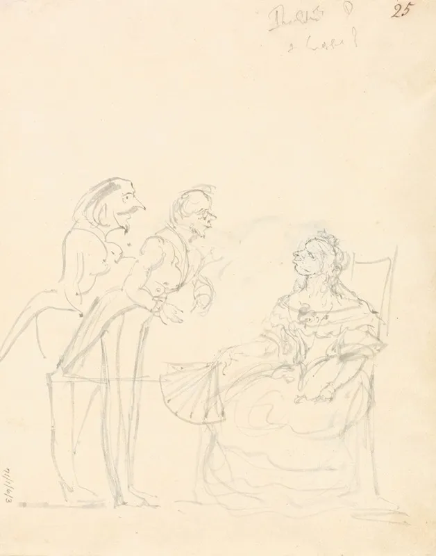 Two Gentlemen Talking To A Seated Lady