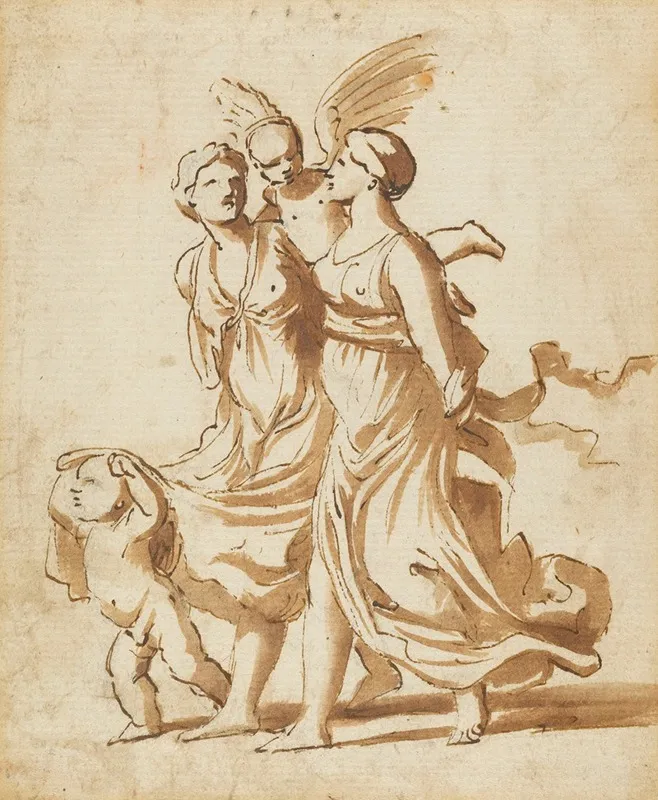 Two Girls Accompanied By Cupid Wall Art by Nicolas Poussin - High-Resolution Digital Print
