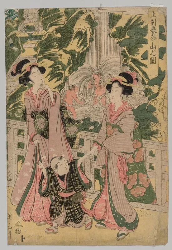 Two Girls And Child On Temple Bridge