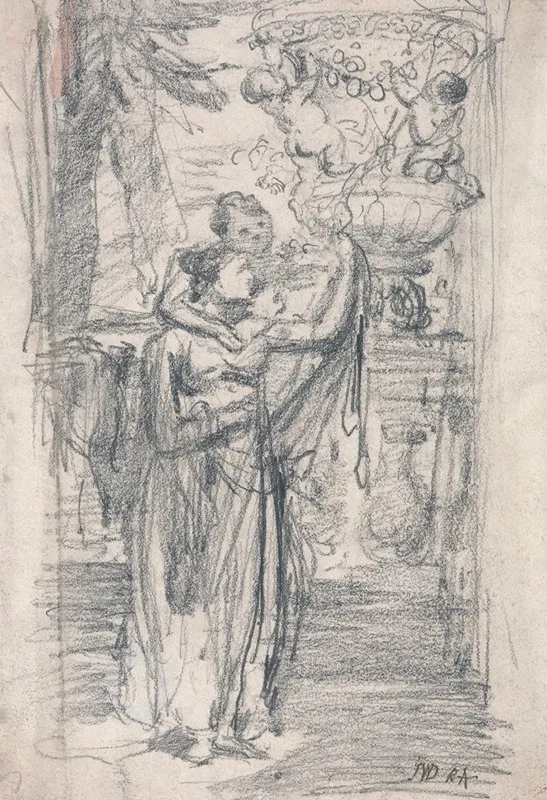 Two Girls Or Lady And Child On A Garden Terrace Near An Ornamental Urn