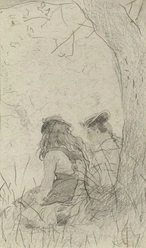 Two Girls Seated On A Bank