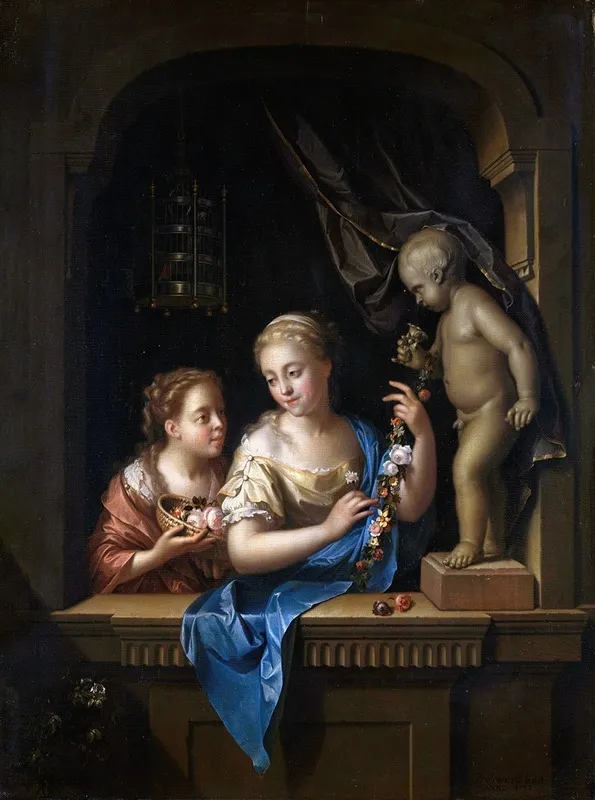 Two Girls With Flowers By A Statue Of Cupid Wall Art by Pieter Van Der Werff - High-Resolution Digital Print