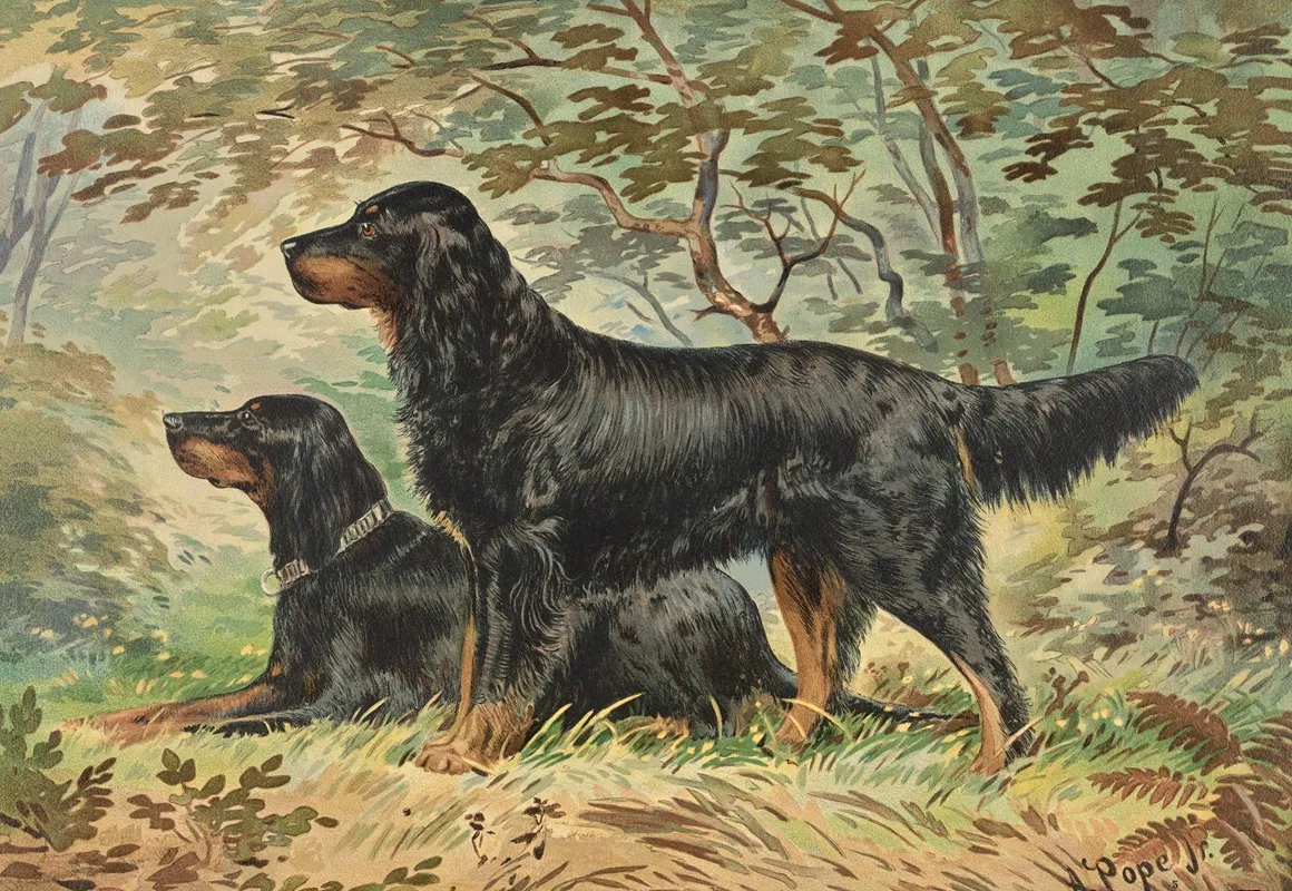 Two Gordon Setters Facing Left One Standing One Reclining Wall Art by Alexander Pope Jr. - High-Resolution Digital Print