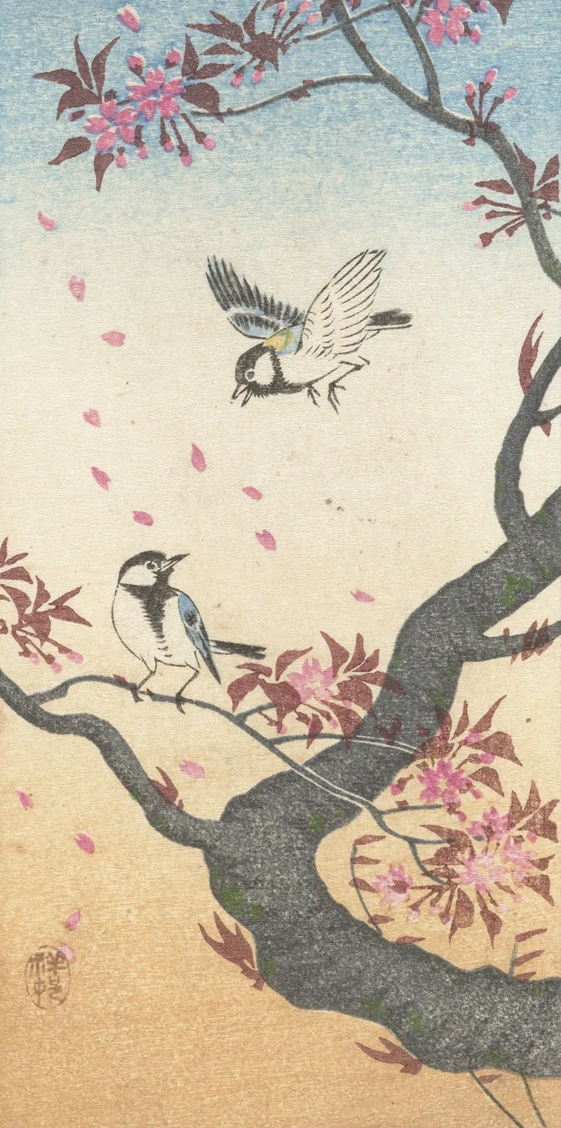 Two Great Tits At Blossoming Tree Wall Art by Ohara Koson - High-Resolution Digital Print