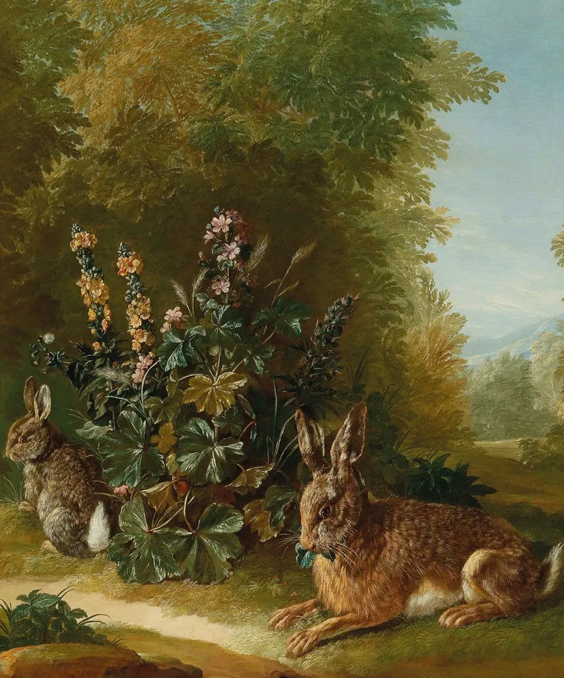 Two Hares In A Landscape 2 Wall Art by Jean Jacques Spoede - High-Resolution Digital Print