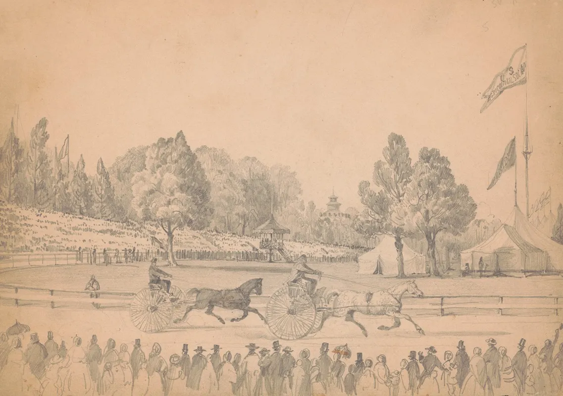 Two Harness Racing Horses Pulling Their Sulkies On Race Course