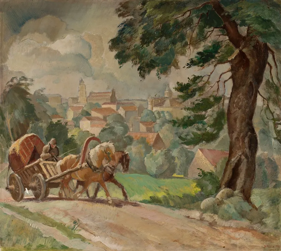 Two Horse Cart On The Road Into Town Wall Art by Michał Rouba - High-Resolution Digital Print