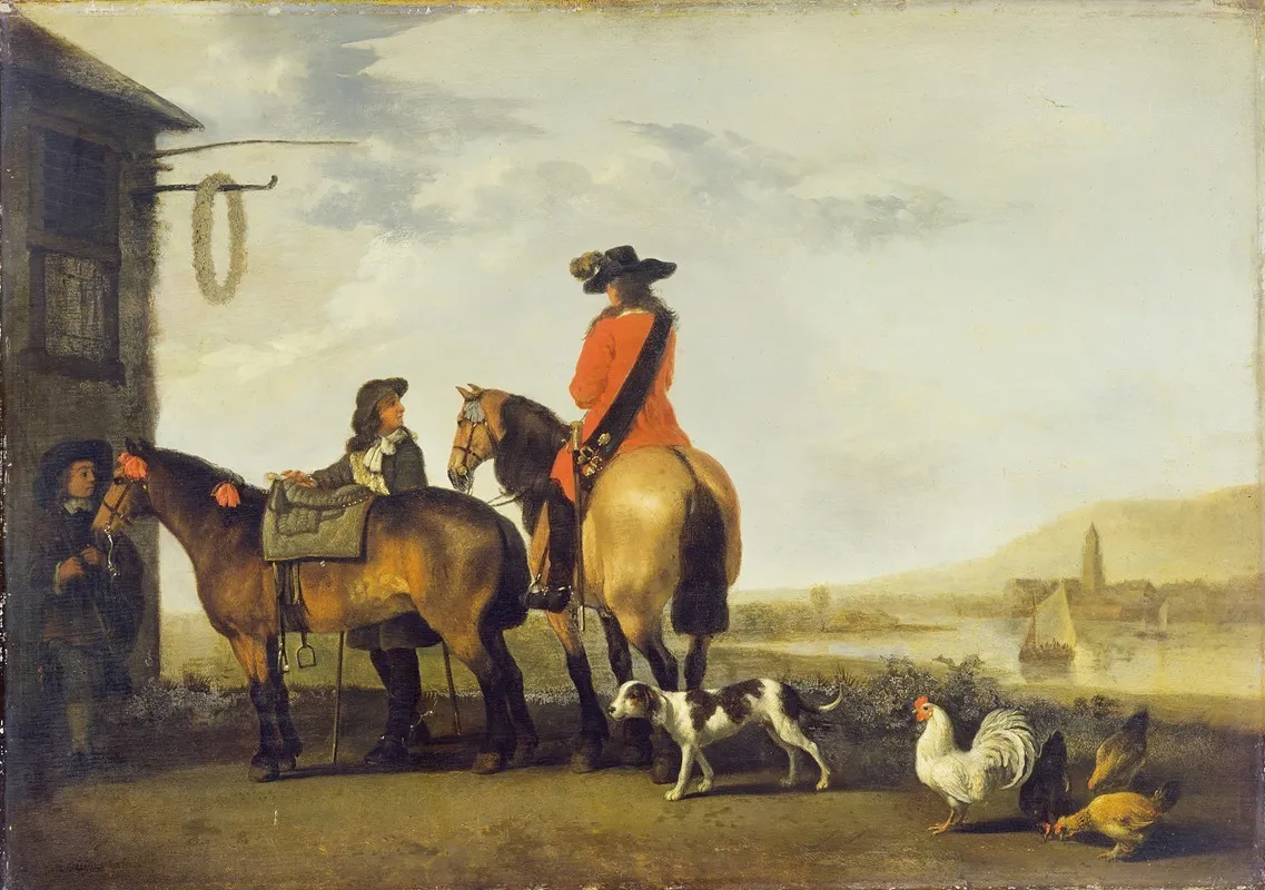 Two Horsemen At A Tavern Netherlands Wall Art by Abraham Van Calraet - High-Resolution Digital Print