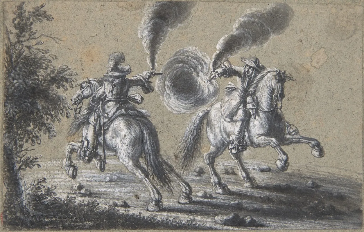 Two Horsemen Shooting At Each Other Wall Art by Heinrich Werdmüller - High-Resolution Digital Print