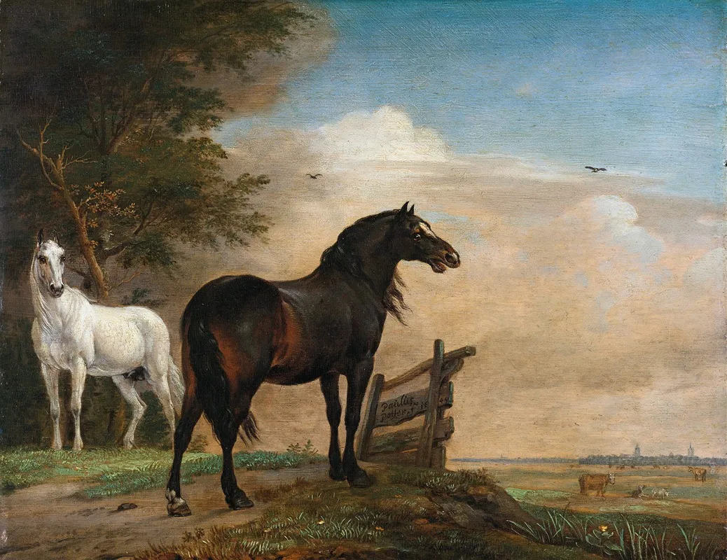 Two Horses In A Meadow Near A Gate