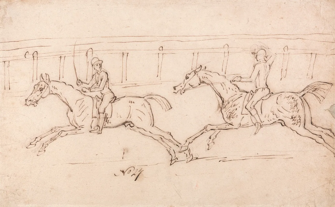 Two Horses Racing Jockeys Up Railings In The Background