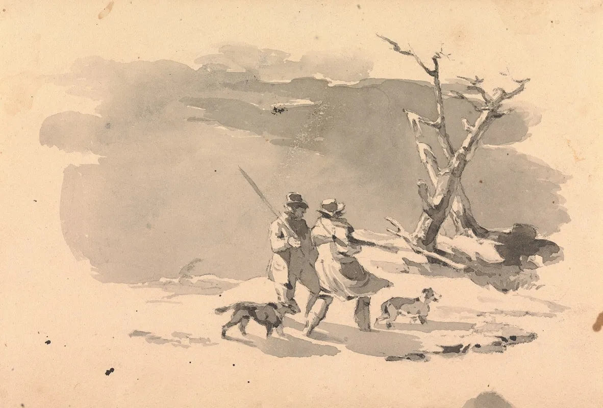 Two Hunters And Two Dogs In Winter Scene