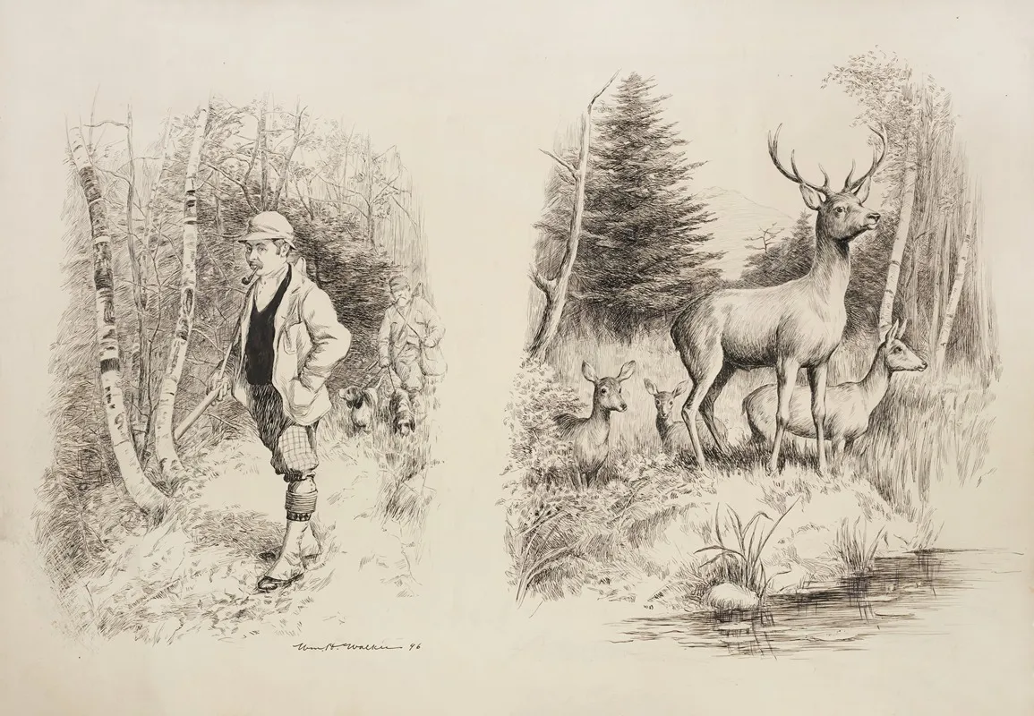 Two Hunters Walk Through A Forest