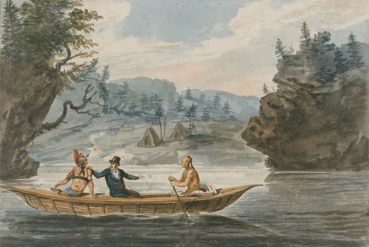 Two Indians And A White Man In A Canoe