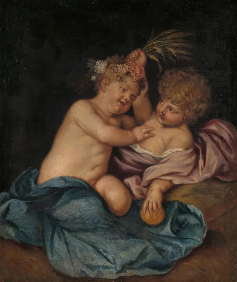 Two Infants Personifications Of Spring And Autumn Wall Art by Follower of Thomas Willeboirts Bosschaert - High-Resolution Digital Print
