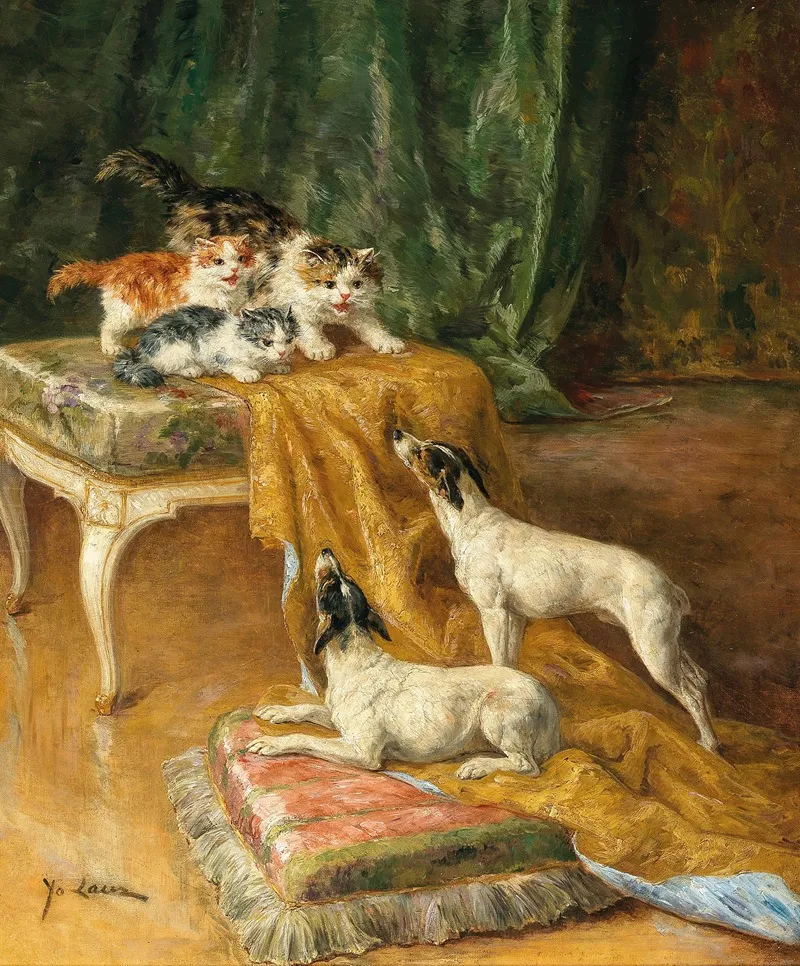 Two Jack Russells And Three Kittens Wall Art by Marie-Yvonne Laur - High-Resolution Digital Print