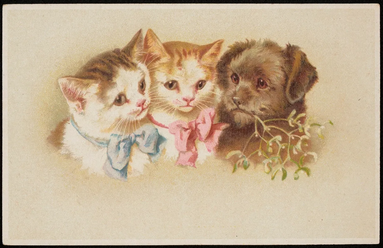 Two Kittens With Bows And A Dog With A Sprig Of Mistletoe In Its Mouth Wall Art by G.O.M - High-Resolution Digital Print