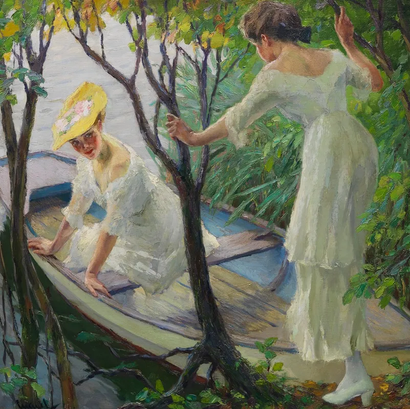 Two Ladies In A Boat Wall Art by Edward Cucuel - High-Resolution Digital Print