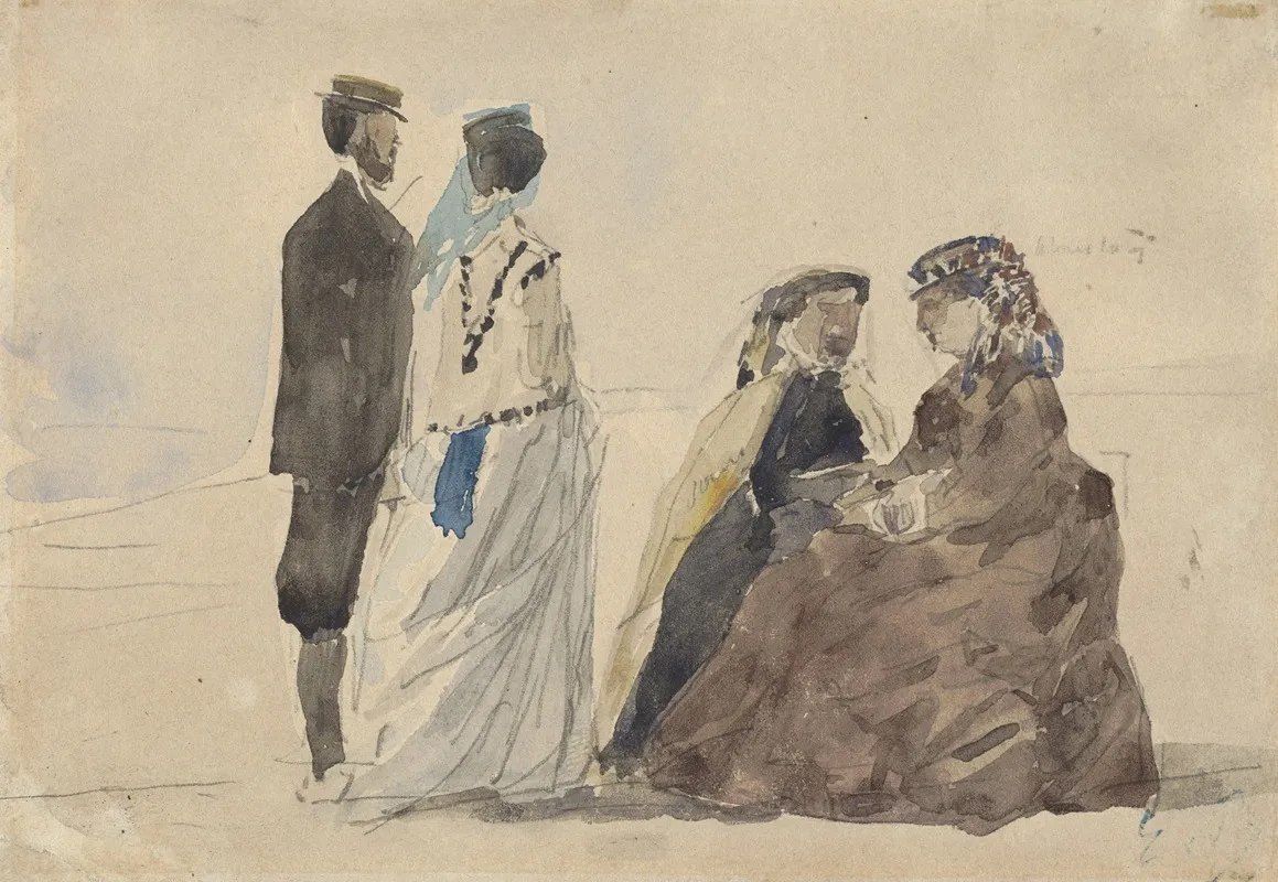 Two Ladies Seated And A Couple Walking On The Beach Wall Art by Eugène Boudin - High-Resolution Digital Print