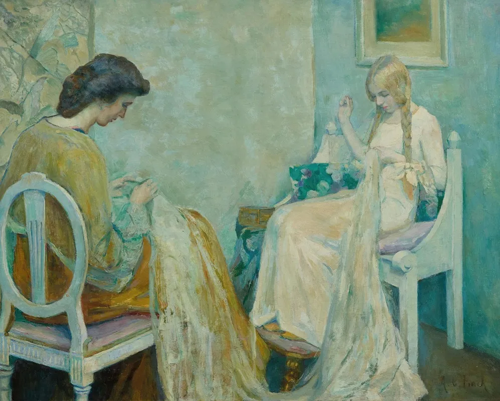 Two Ladies Sewing Wall Art by Adele von Finck - High-Resolution Digital Print