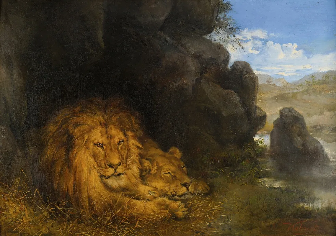 Two Lions In A Cave 2 Wall Art by Wilhelm Kuhnert - High-Resolution Digital Print