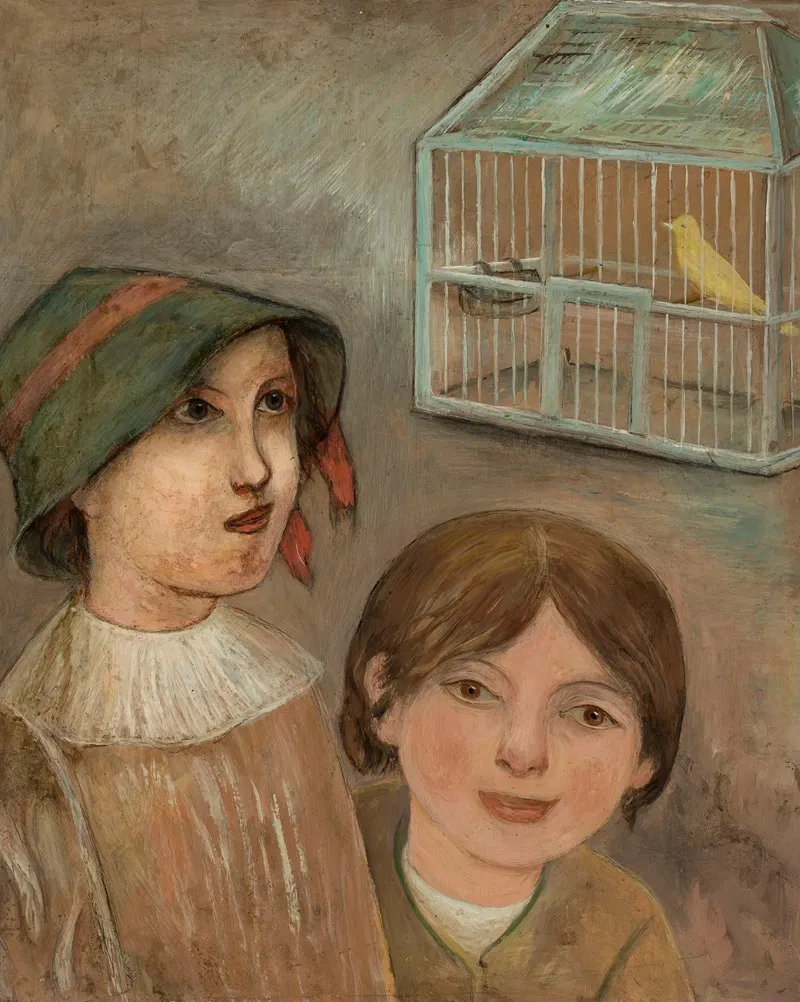 Two Little Girls Beside A Cage With A Canary Wall Art by Tadeusz Makowski - High-Resolution Digital Print