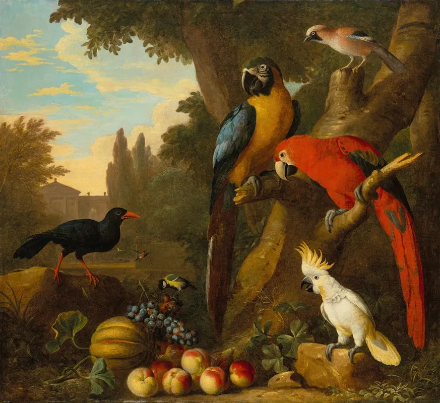 Two Macaws A Cockatoo A Red Billed Chough And Other Birds In A Landscape With Fruit Wall Art by Jakob Bogdány - High-Resolution Digital Print