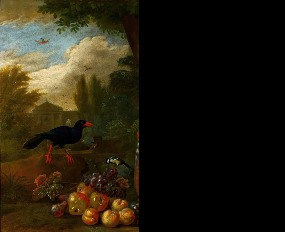 Two Macaws A Cockatoo And A Jay With Fruit Wall Art by Jakob Bogdány - High-Resolution Digital Print