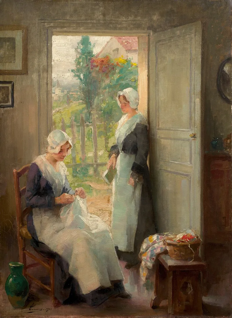 Two Maids In A Doorway Wall Art by Adrien Henri Tanoux - High-Resolution Digital Print
