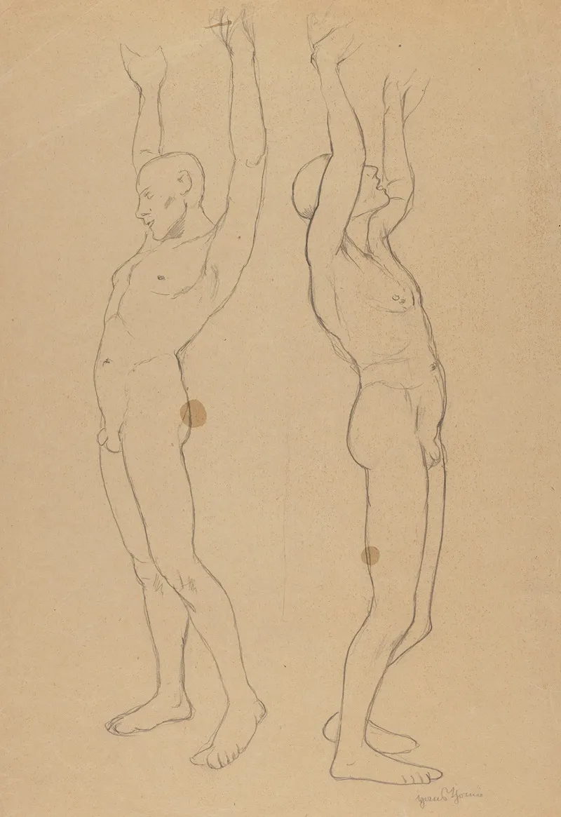 Two Male Nudes With Raised Hands Wall Art by Hans Thoma - High-Resolution Digital Print