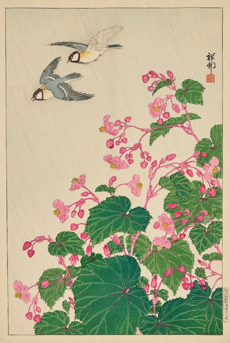 Two Manchurian Great Tits In Flight Above Begonia Wall Art by Ohara Koson - High-Resolution Digital Print