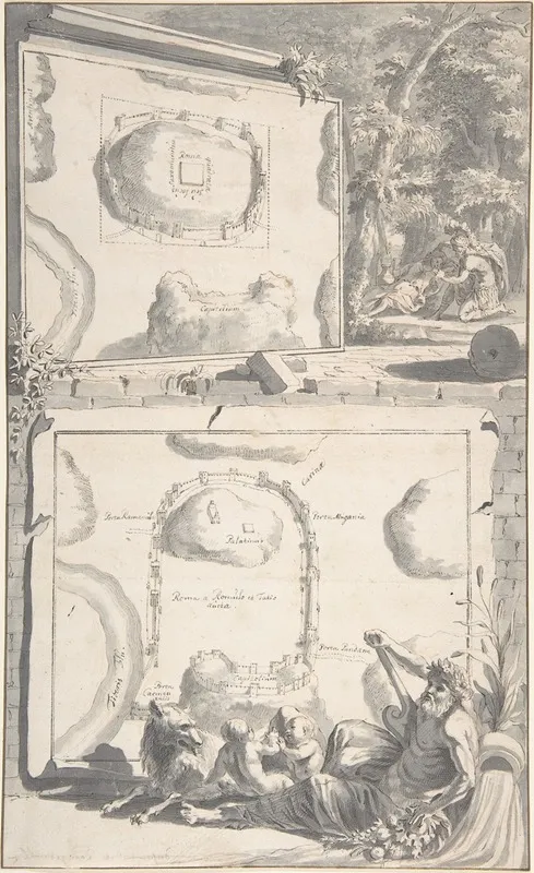 Two Maps Of Ancient Rome With A River God And Romulus And Remus Wall Art by Jan Goeree - High-Resolution Digital Print