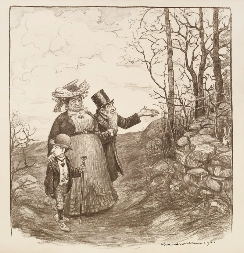 Two Men And A Woman Walk Down A Road Between Rock Walls And Bare Trees