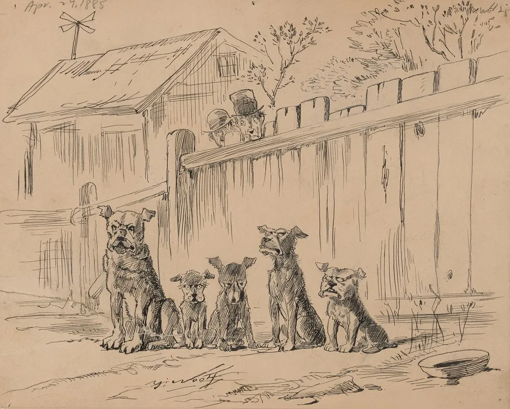 Two Men Look Over Fence At Group Of Rather Mean Looking Dogs Wall Art by Michael Angelo Woolf - High-Resolution Digital Print