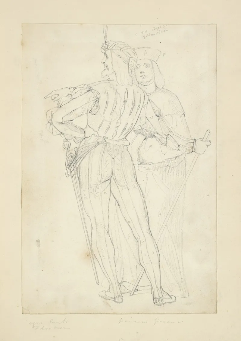 Two Men One In Back View Wearing Tights Doublet Sword A Hat With Plume And Holding A Staff