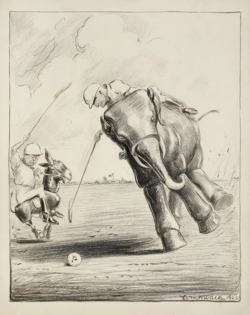 Two Men Playing Polo One Riding The Democratic Party Donkey And The Other The Republican Party Elephant