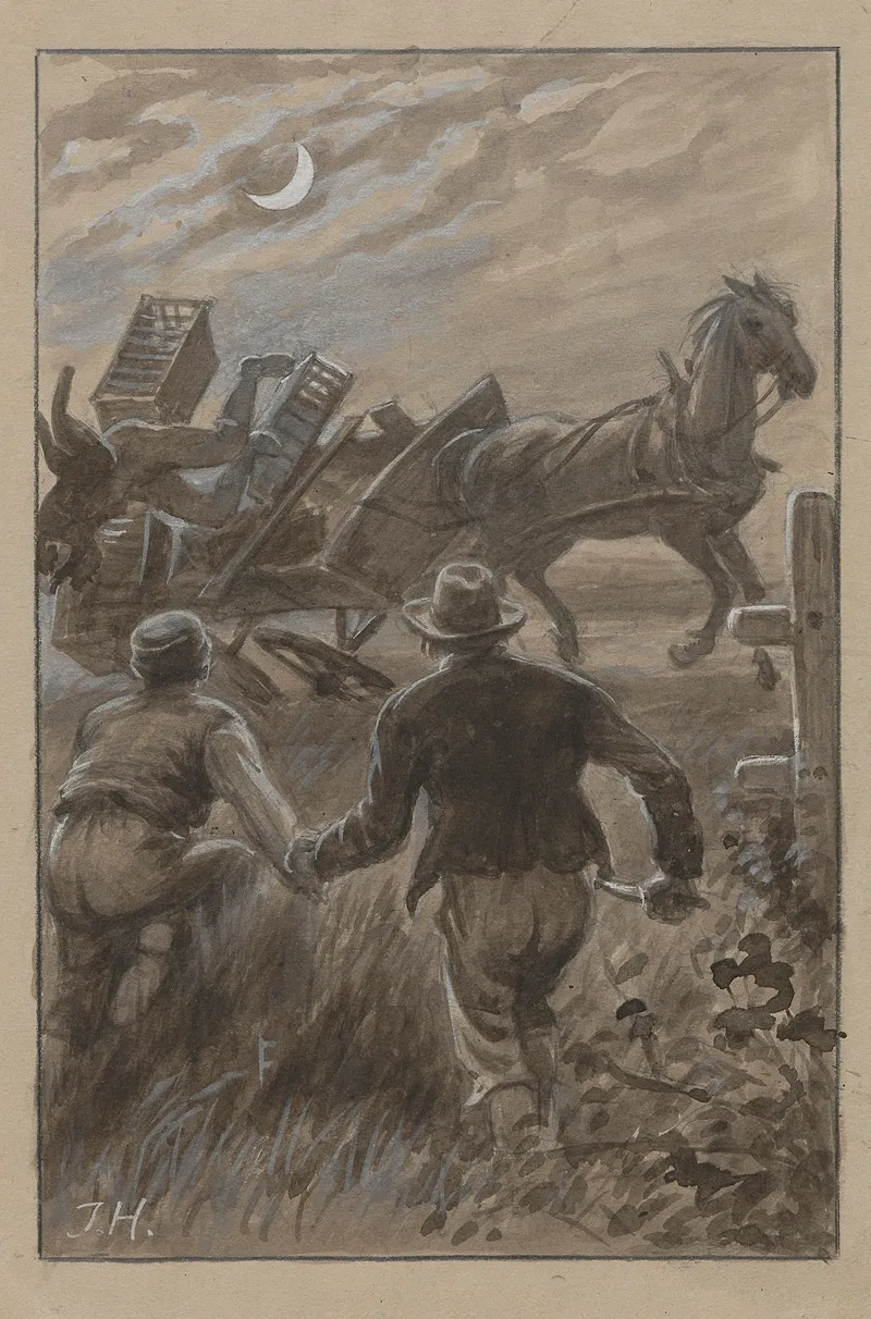 Two Men Rush Toward A Horse Drawn Carriage That Is About To Overturn