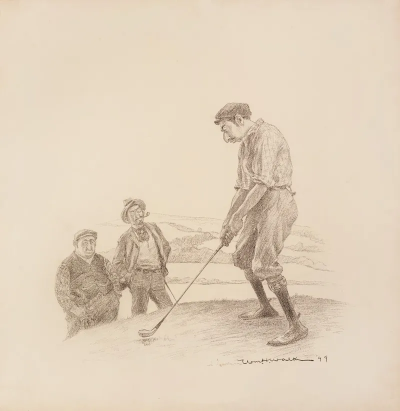 Two Men Watch A Third About To Swing A Golf Club