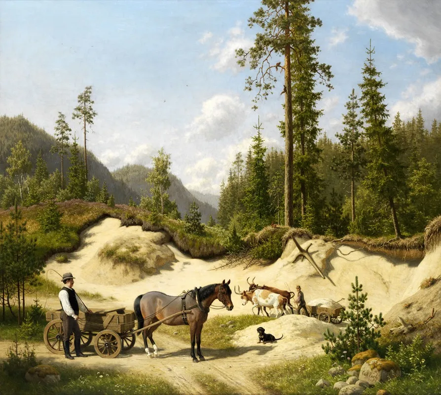 Two Men With Carts In Front Of A Pine Forest Wall Art by Carl Bøgh - High-Resolution Digital Print