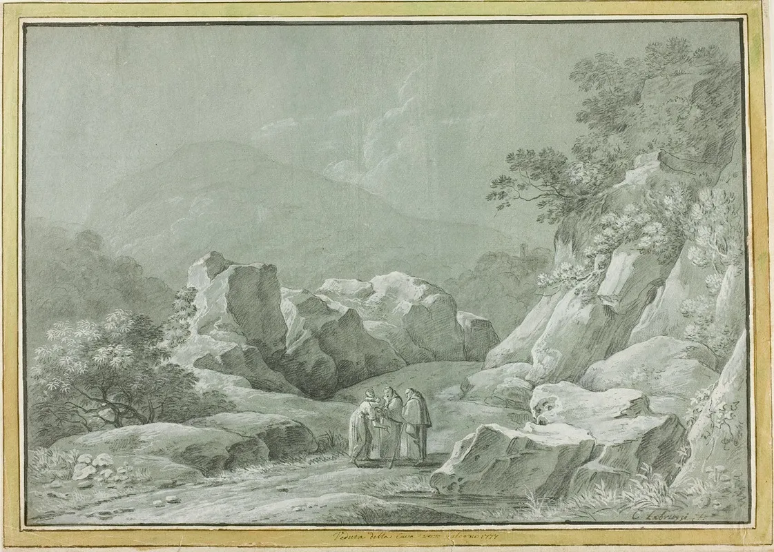 Two Monks Giving Water To A Woman And Child In The Wilderness