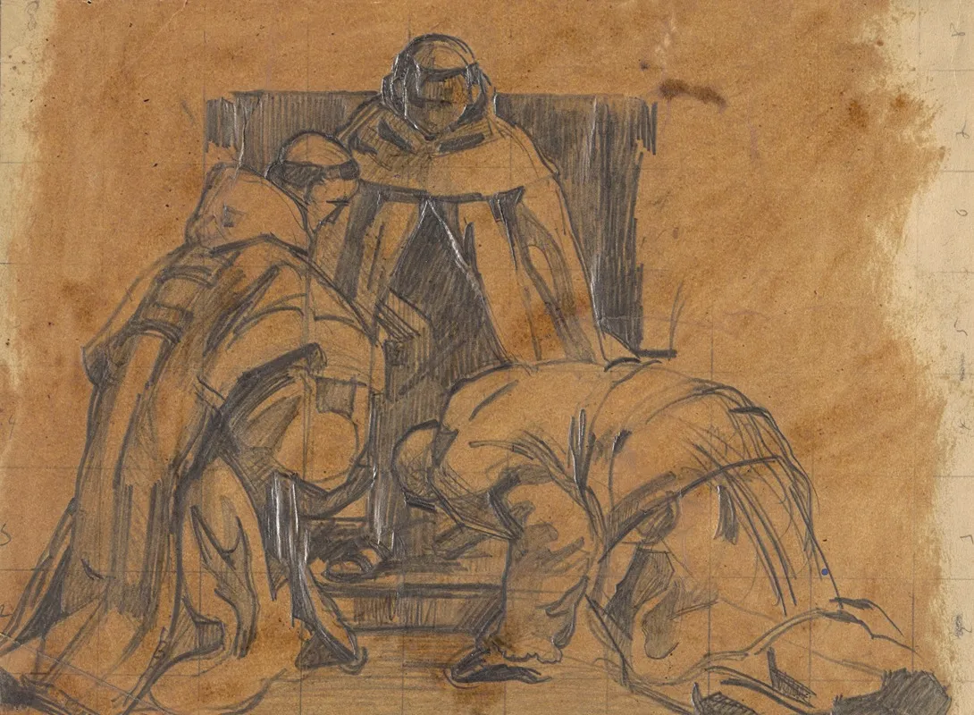 Two Monks Kneeling In Front Of The Abbot Wall Art by Louis-Charles Crespin - High-Resolution Digital Print