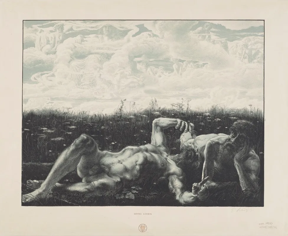 Two Nudes Of Old Men Lying In A Meadow Clouds In The Sky Forming A Line Of Allegorical Figures Wall Art by Georg Lührig - High-Resolution Digital Print