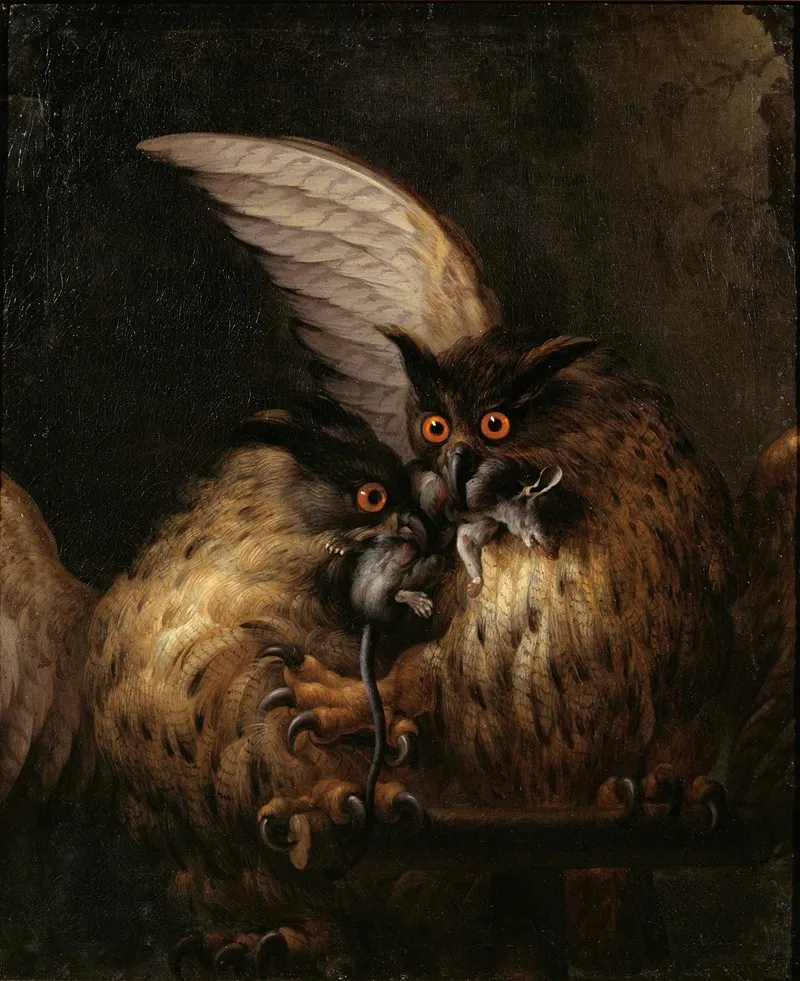 Two Owls Fighting Over A Rat Wall Art by Hans Georg Müller - High-Resolution Digital Print