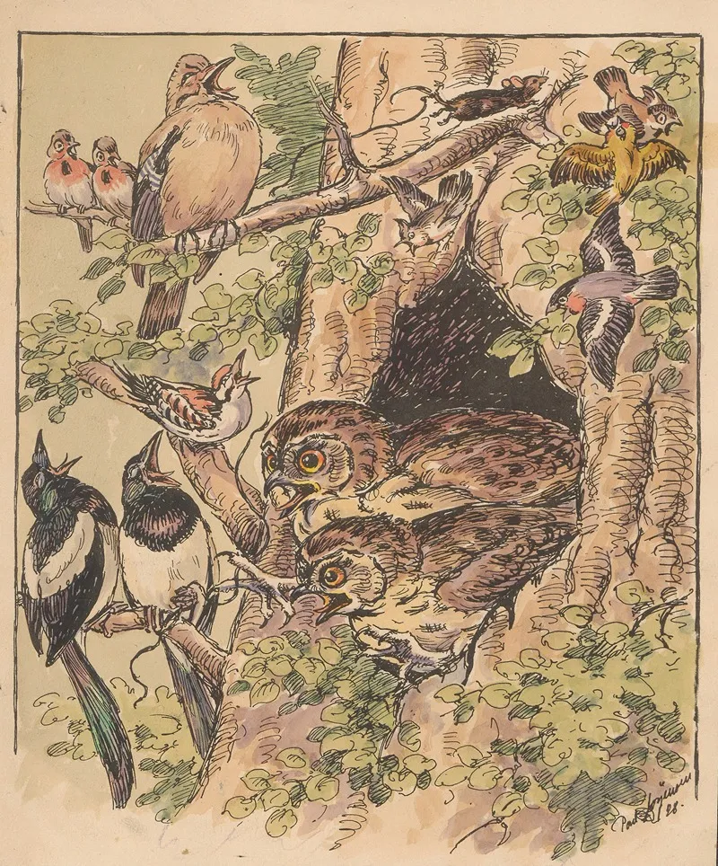 Two Owls Peer Out From A Hollow In A Tree Trunk 2