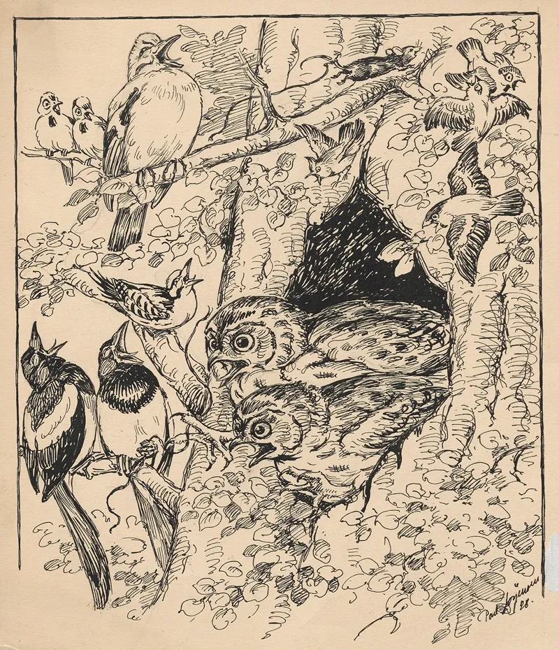 Two Owls Peer Out From A Hollow In A Tree Trunk