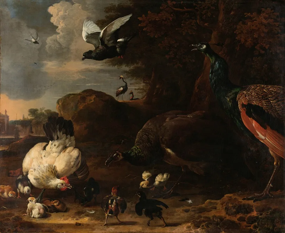 Two Peacocks Threatening A Hen With Chicks Known As The Threatened Hen Wall Art by Melchior d'Hondecoeter - High-Resolution Digital Print