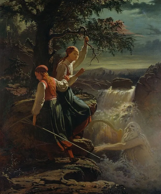 Two Peasant Girls Listening To The Playing Of The Water Sprite Wall Art by Johan Zakarias Blackstadius - High-Resolution Digital Print